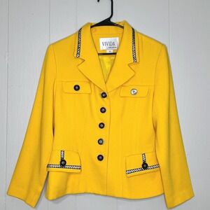 Vivida‎ Womens Yellow Blazer Size M Black Trim Buttons 80s 90s Preppy Old Money